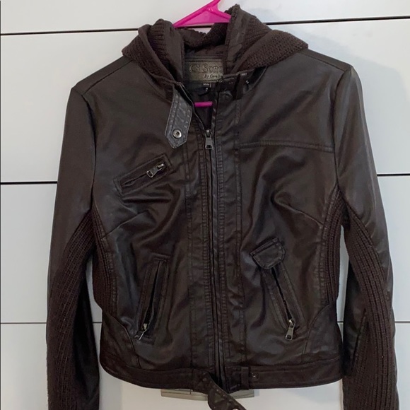 Brown Leather Hooded Jacket w/ Sweater Material - Picture 4 of 11